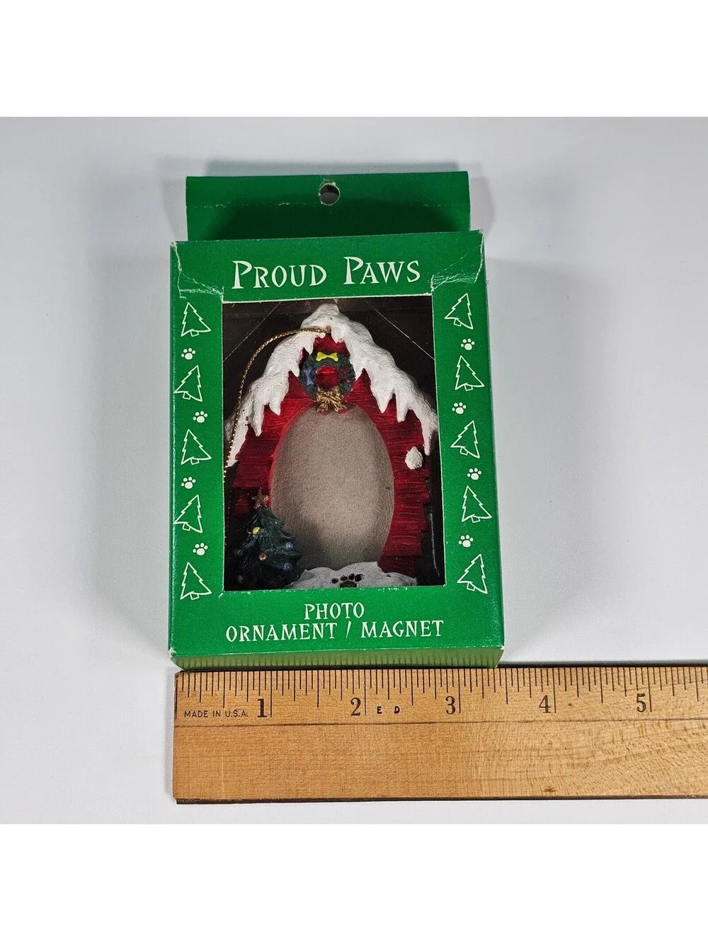 Vintage 1995 Proud Paws Pet Photo Ornament Magnet Red Doghouse Christmas Frame
